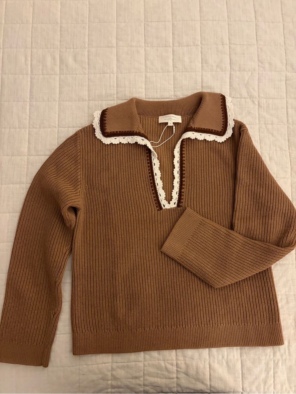 Sezane Ivane Crochet-Trim collar Knit Sweater - Camel size M like new - Picture 1 of 5